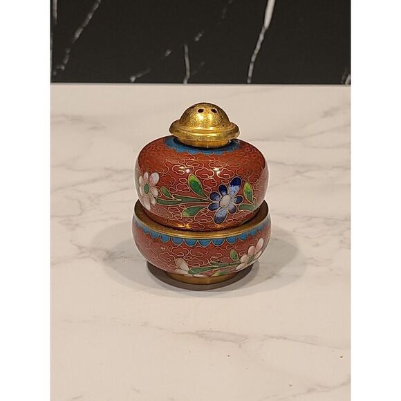 Cloisonné Open Salt Bowl Cellar Pepper Shaker Flower Enamel Brass Stacking PINK - Picture 1 of 10